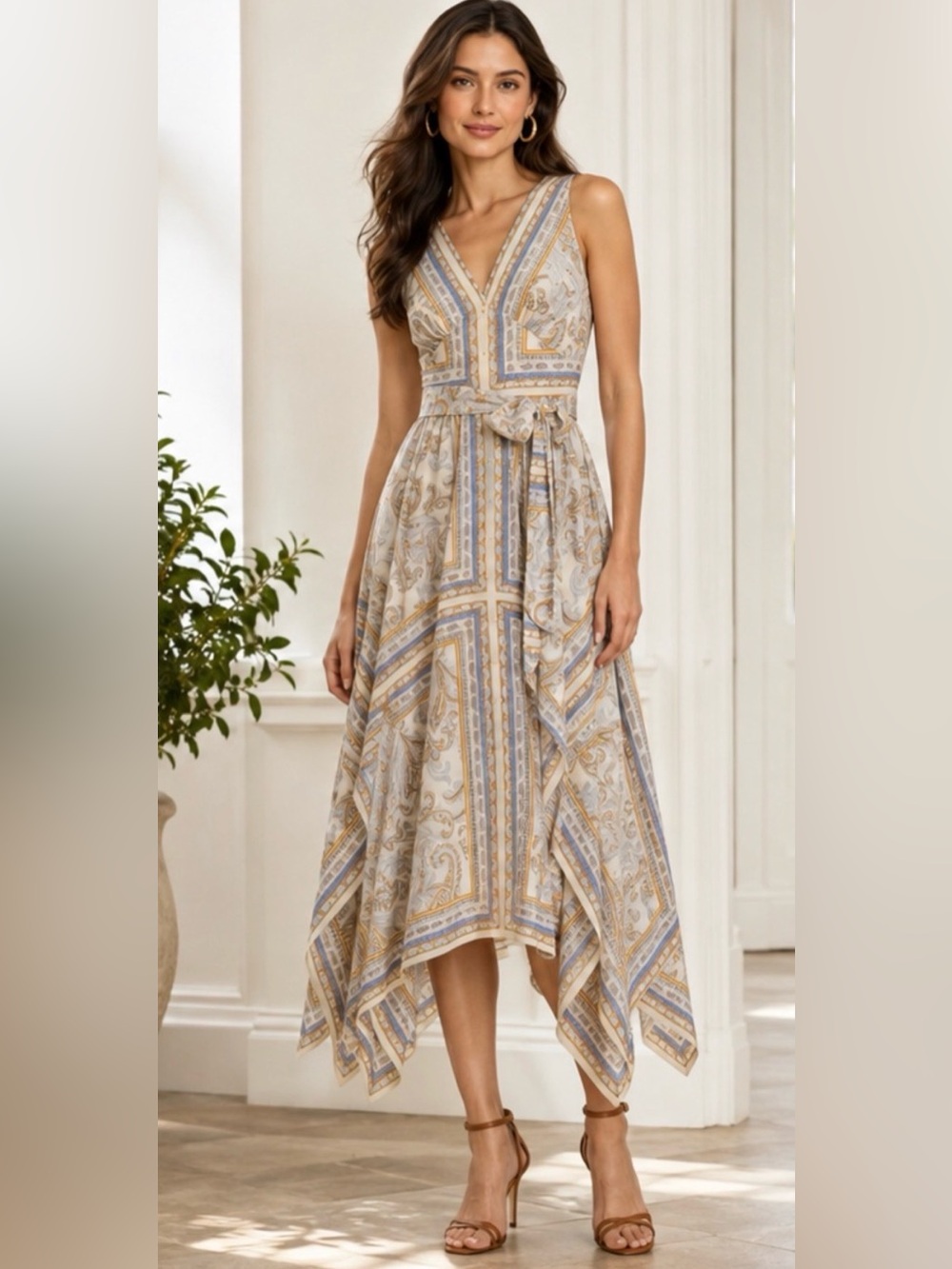 NWT Ralph Lauren White, Tan and Gray Paisley V-Neck Maxi Dress